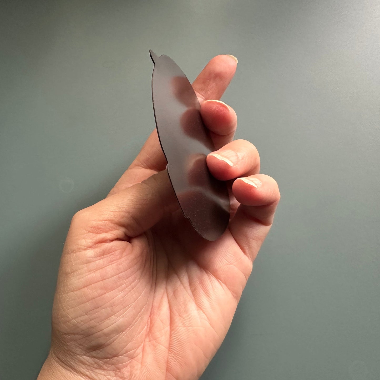 Hand holding a a thin fridge magnet against a gray background
