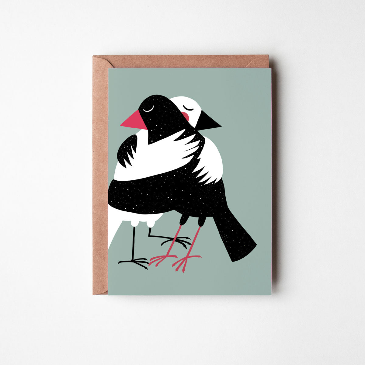 Bird birthday card with adorable black and white birds hugging