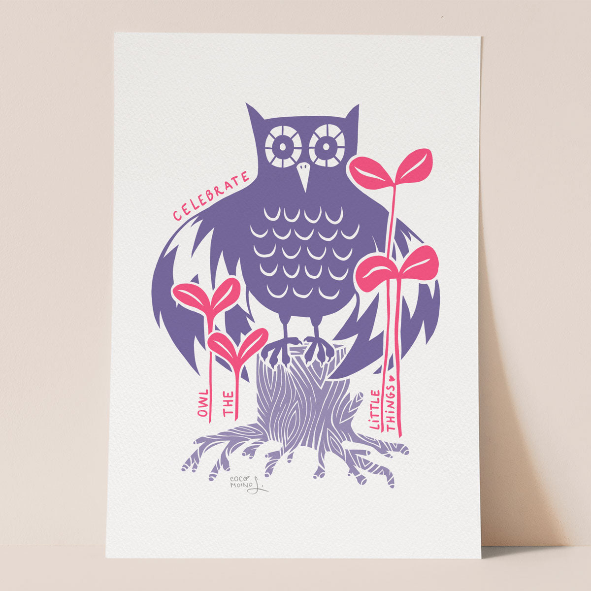 Celebrate all the little things art print, with owl