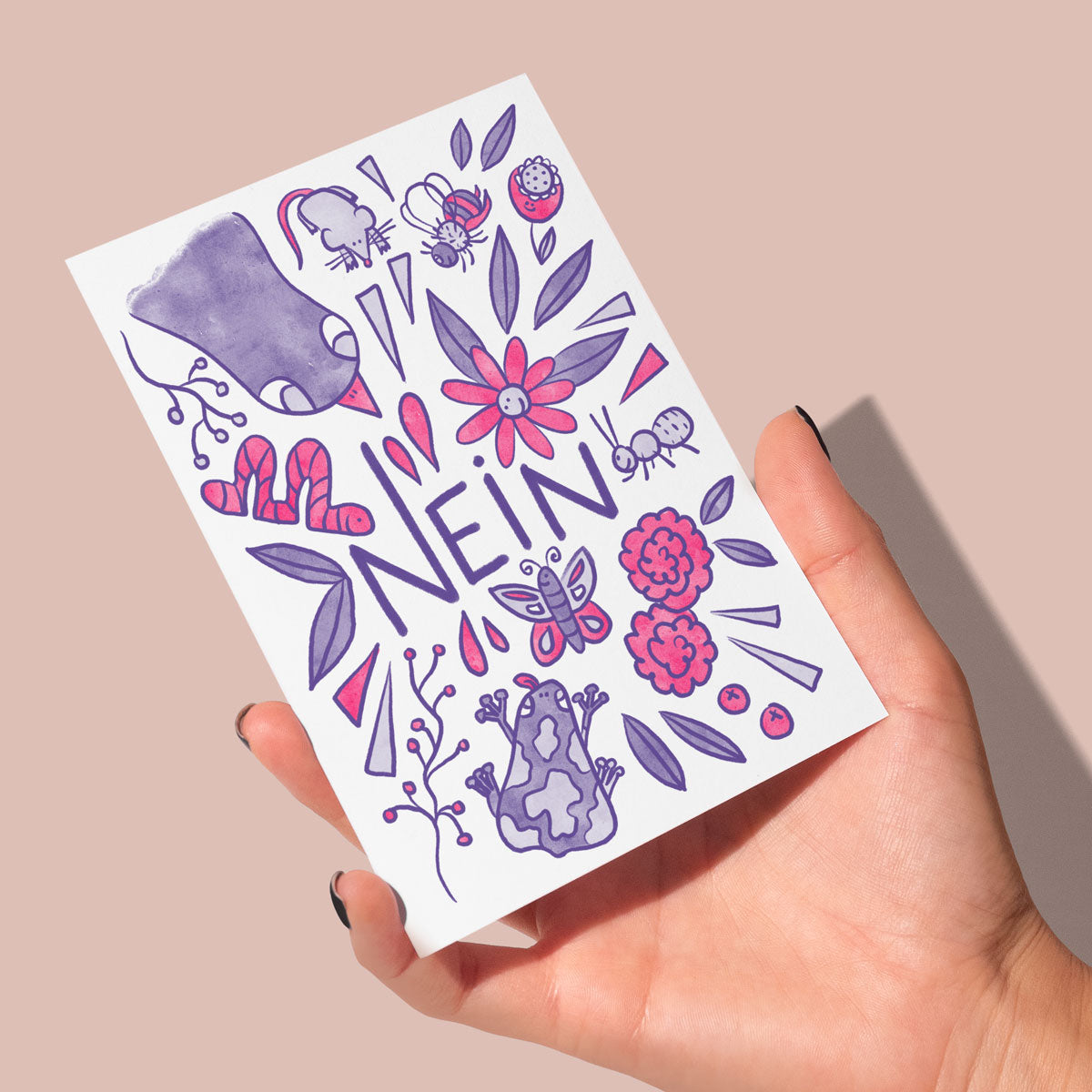 Cute animals greeting card featuring funny German Nein illustration, Funny Nope Card