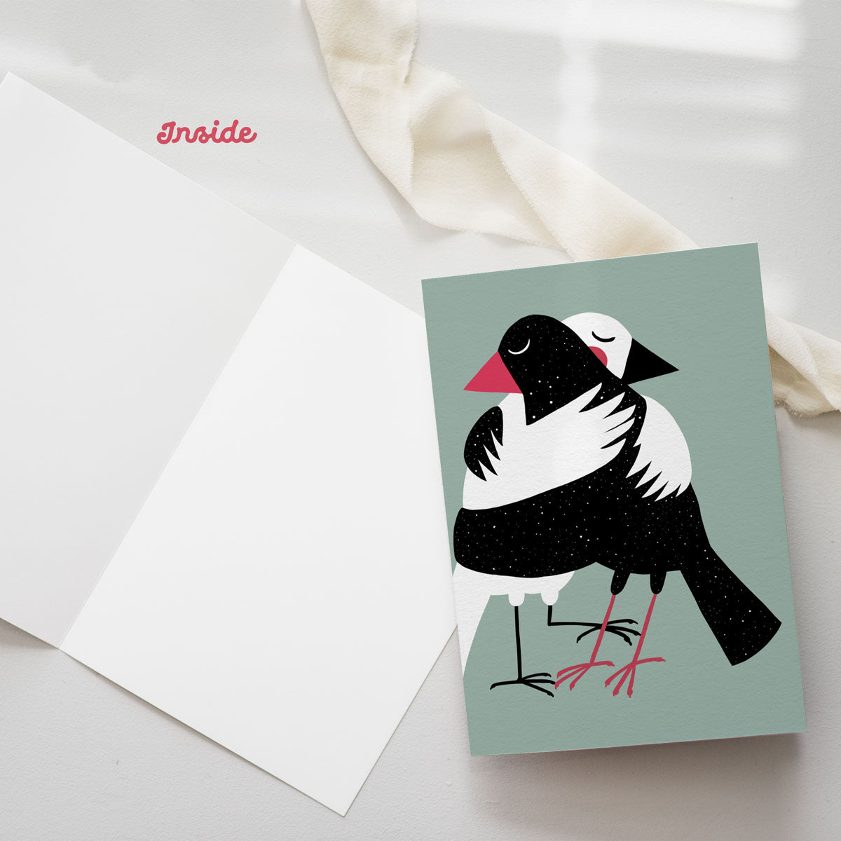 Friendship hug card with cute birds embracing, a heartwarming animal friendship card