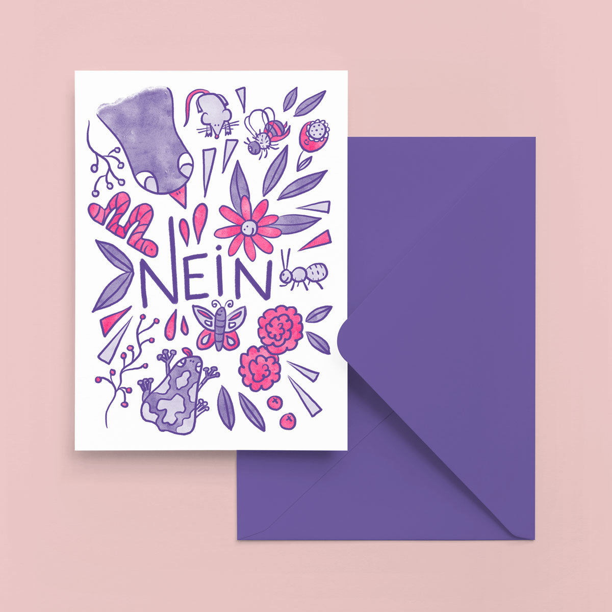 Funny illustration card with cute animals looking at Nope