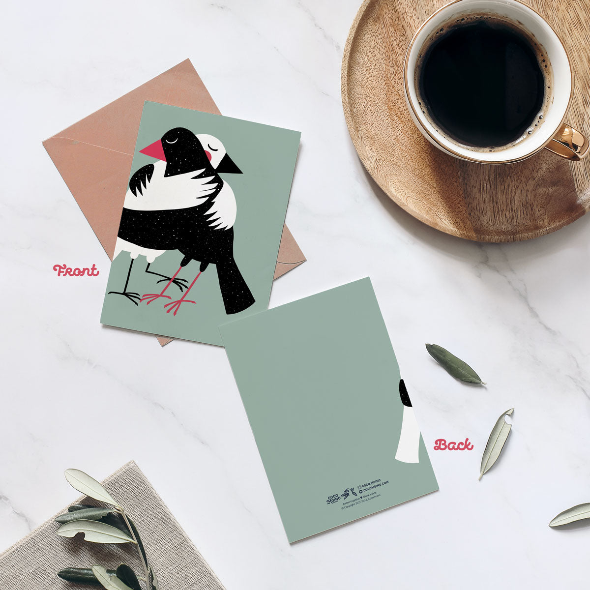 Hug greeting card with black and white birds embracing, perfect for bird lovers