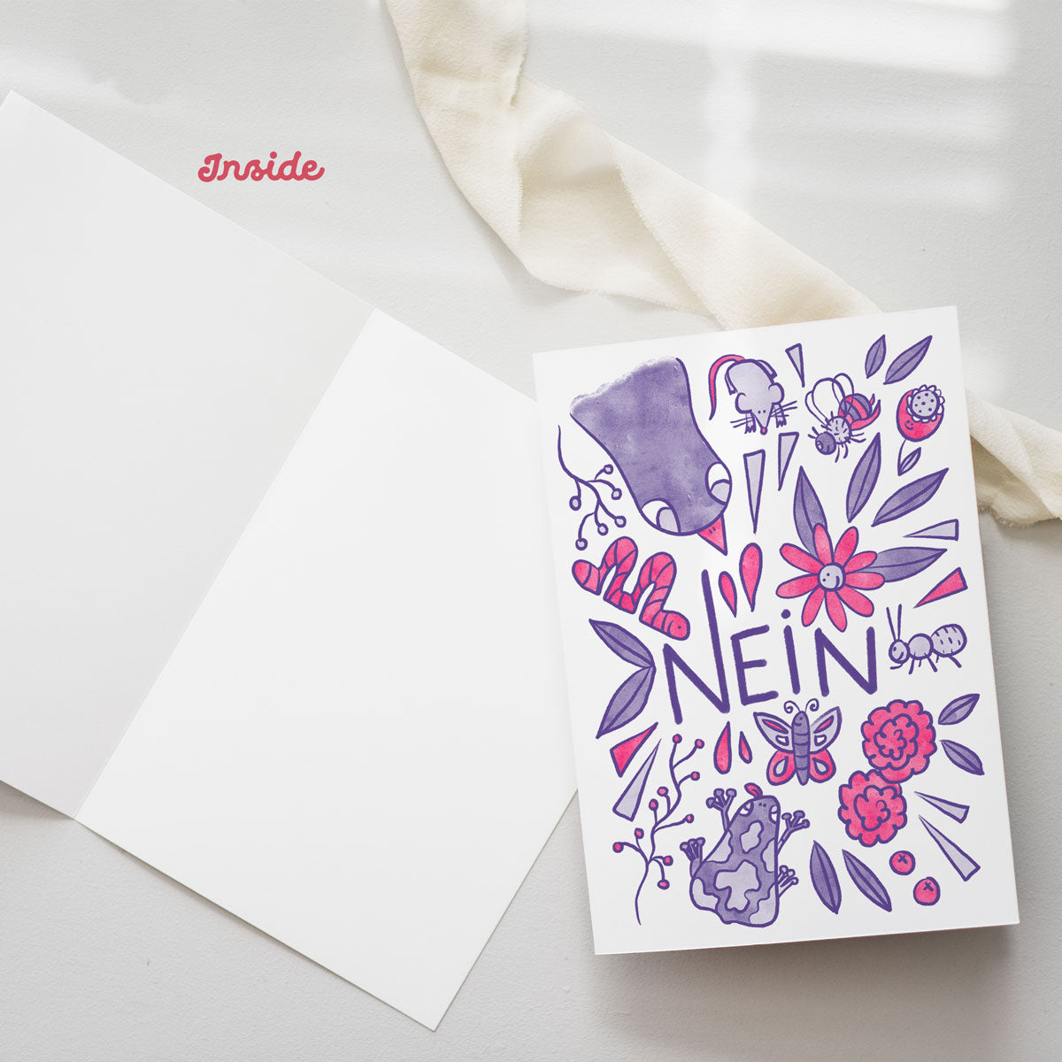 Humorous German greeting card with adorable animals and Nein or Nope text