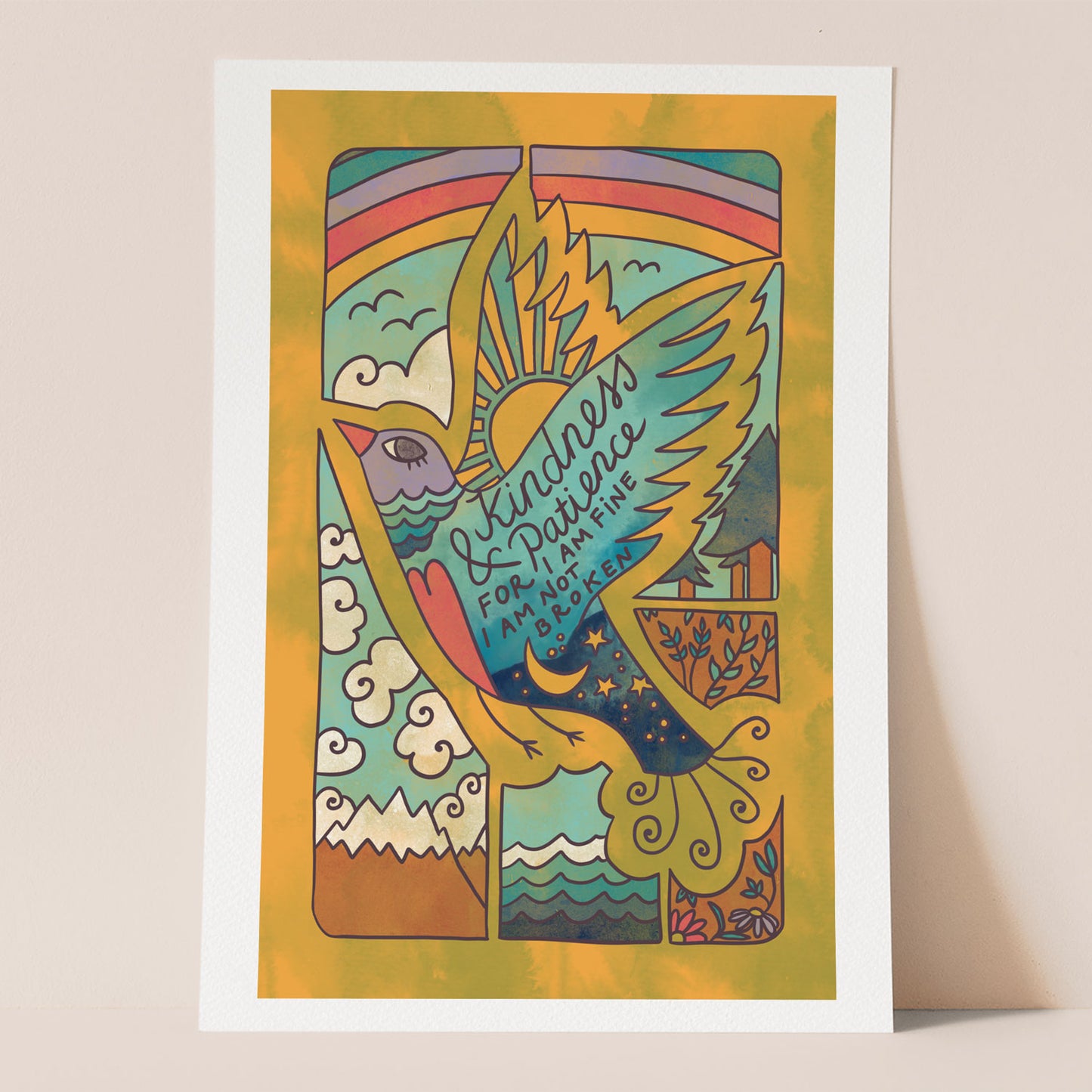 Bird art print about mental health saying Kindness and Patience, I am not Broken
