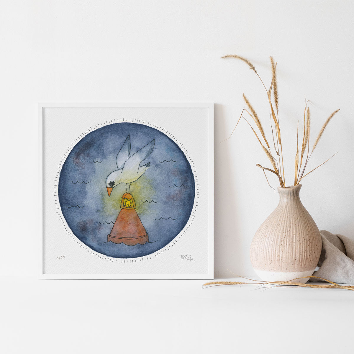 Seagull on a red buoy at night, art print, watercolor painting