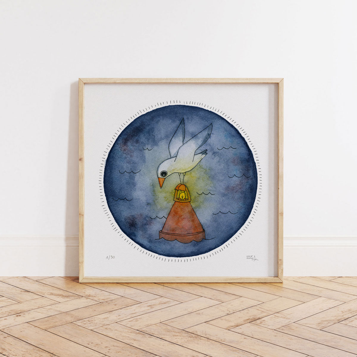 Seagull on a red buoy art print, watercolor