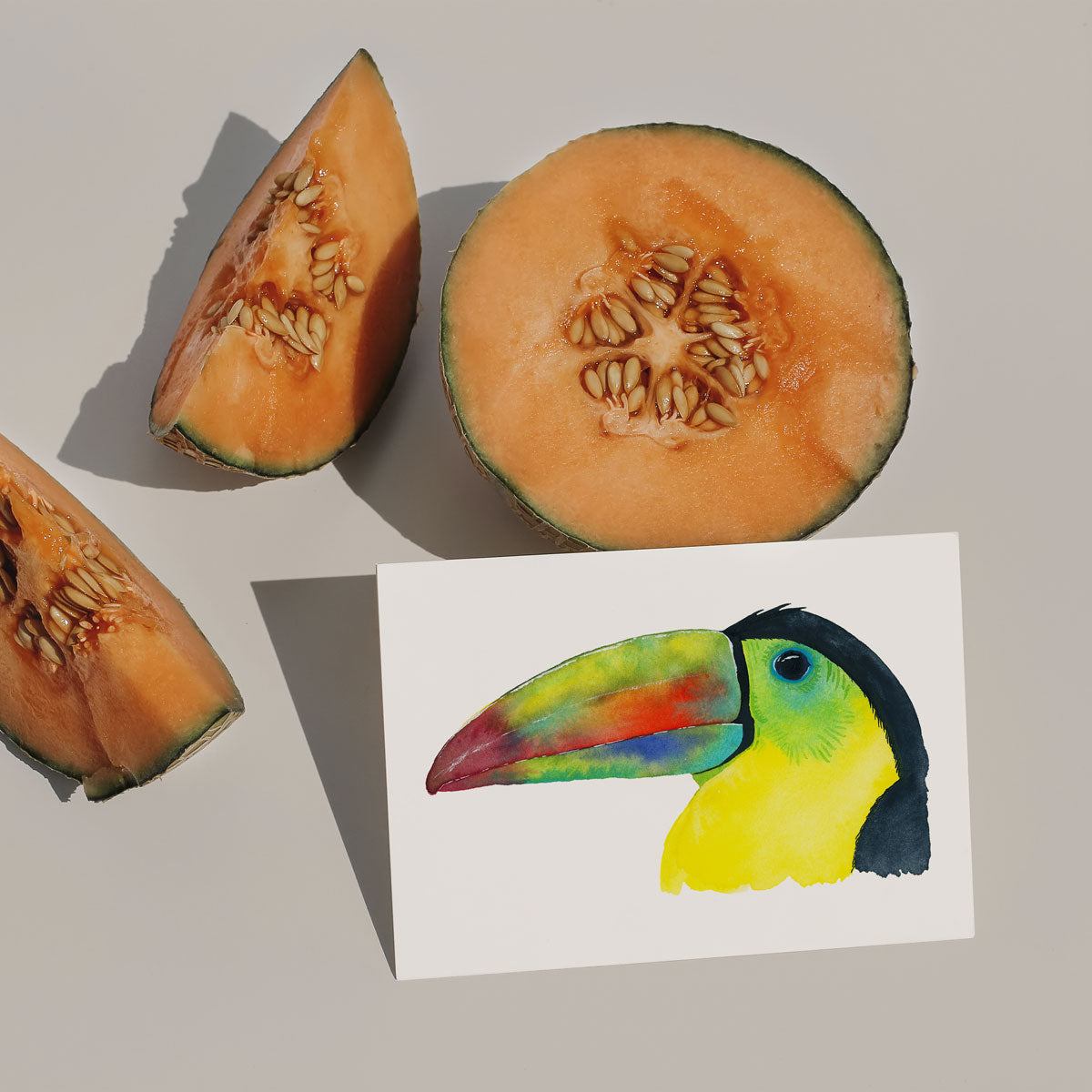 Artistic watercolor toucan greeting card featuring a tropical bird, ideal as a gift, displayed on a desk with melons