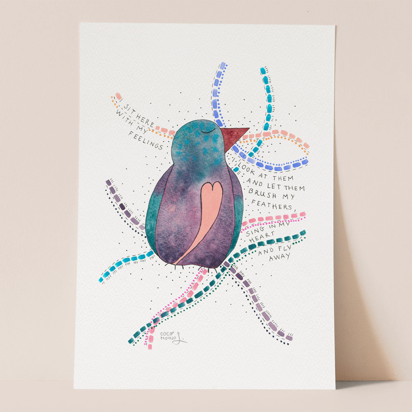 Watercolor bird art print promoting self-acceptance by autistic artist