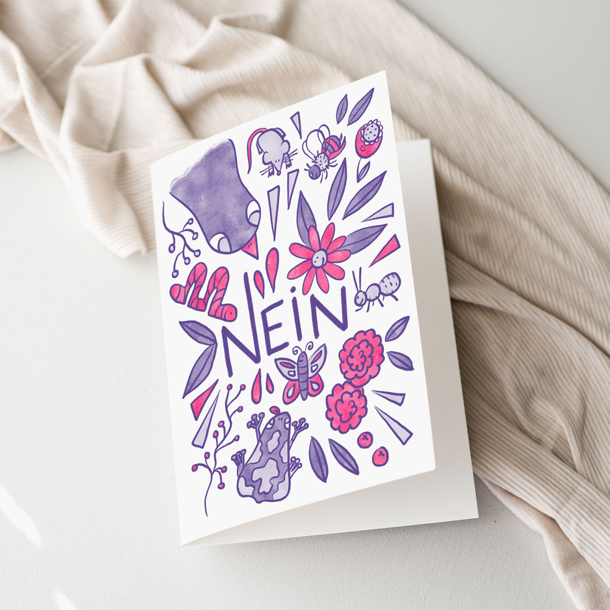 Whimsical nature and animals card with the word Nope in German