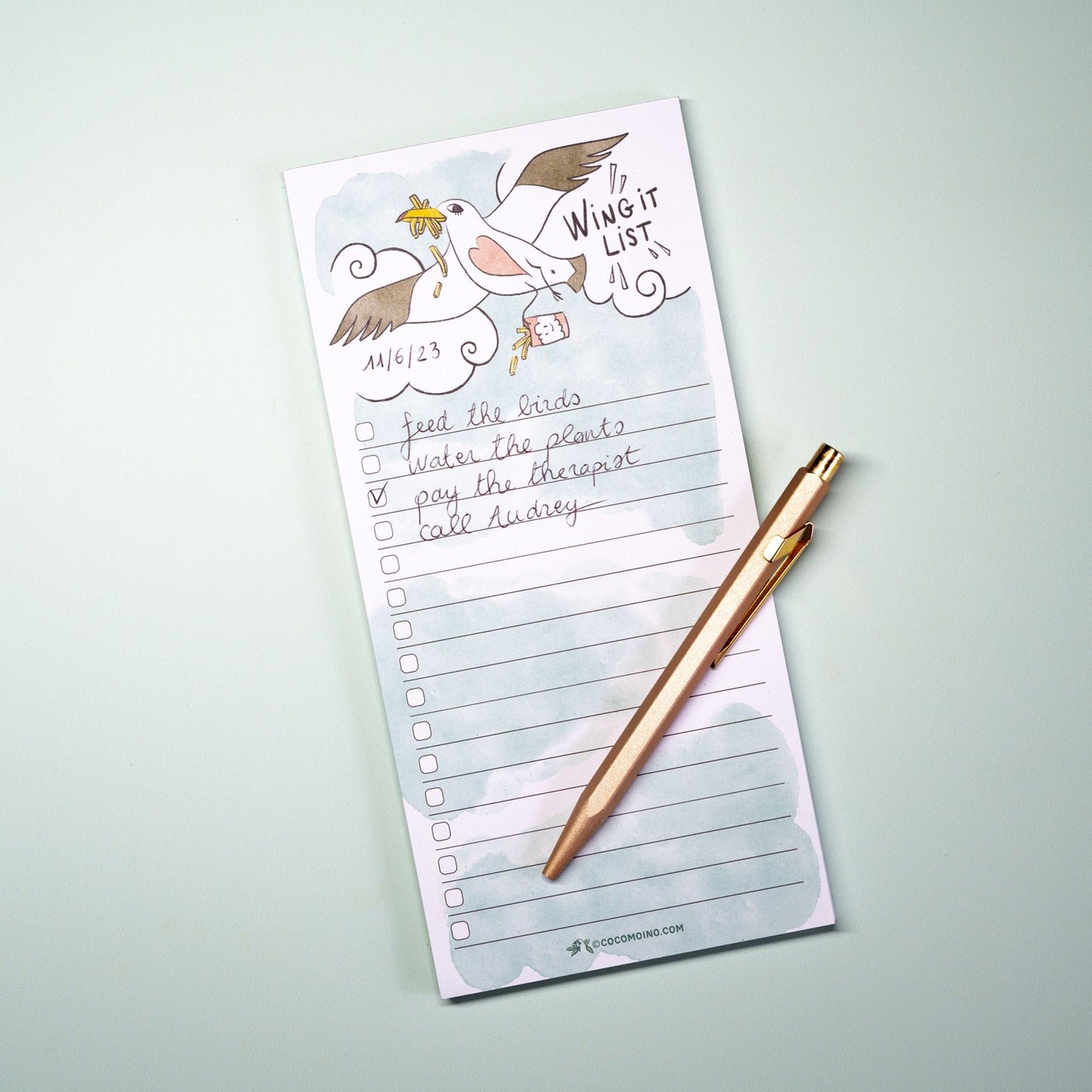 wing it list notepad, to do list pad, with funny seagull stealing french fries