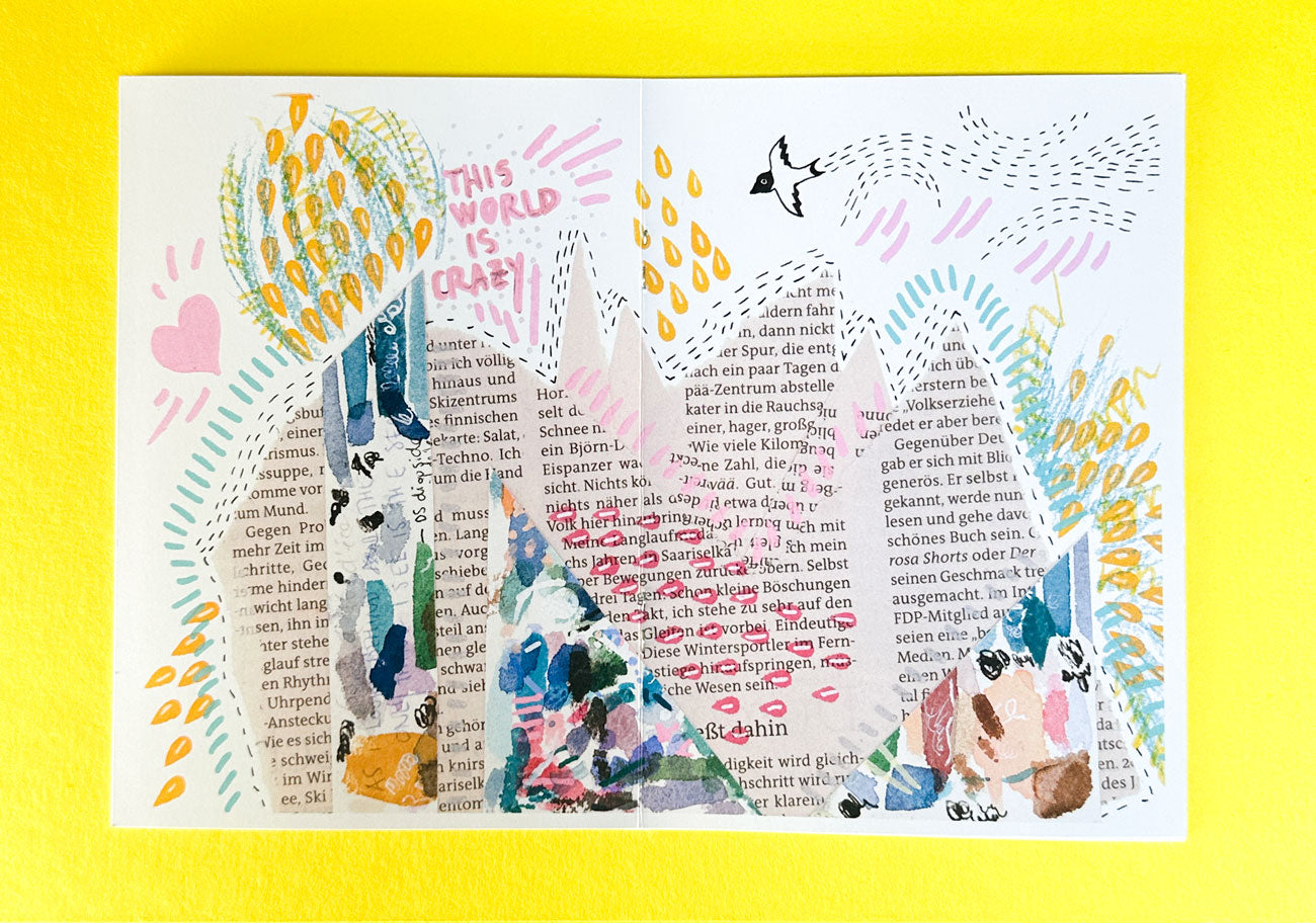 Illustrated page spread of zine about madness, ableism and being neurodivergent