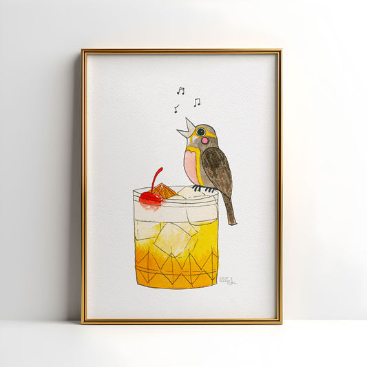 Bar cart art, bird sitting on a cocktail, amaretto sour or whisky sour drink