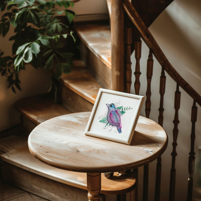 A colorful and whimsical watercolor bird painting resting on a little wooden table