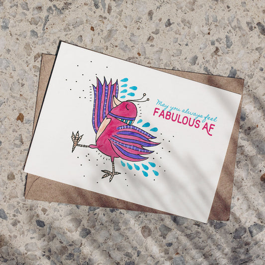 Fabulous AF greeting card featuring a quirky pink bird illustration