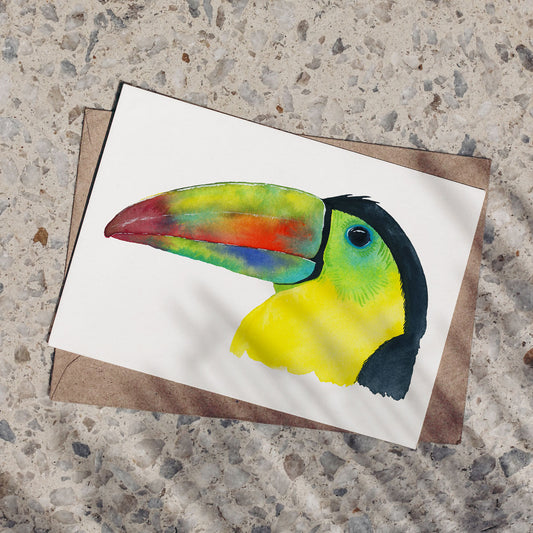 Hand-painted watercolor toucan greeting card with vibrant colors and tropical design