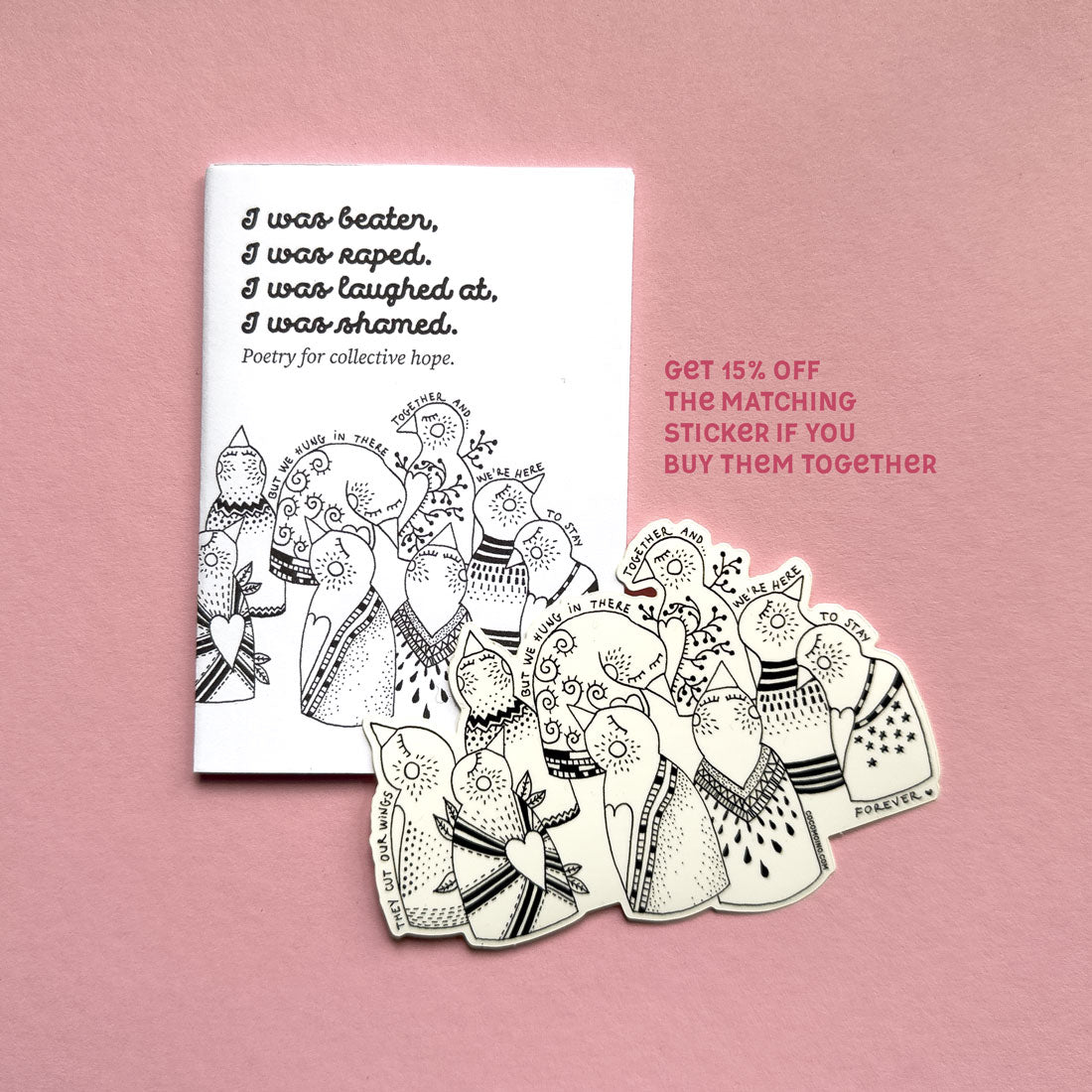 Zine and sticker about being an abuse survivor, mental health after abuse and CPTSD, from autistic artist Coco