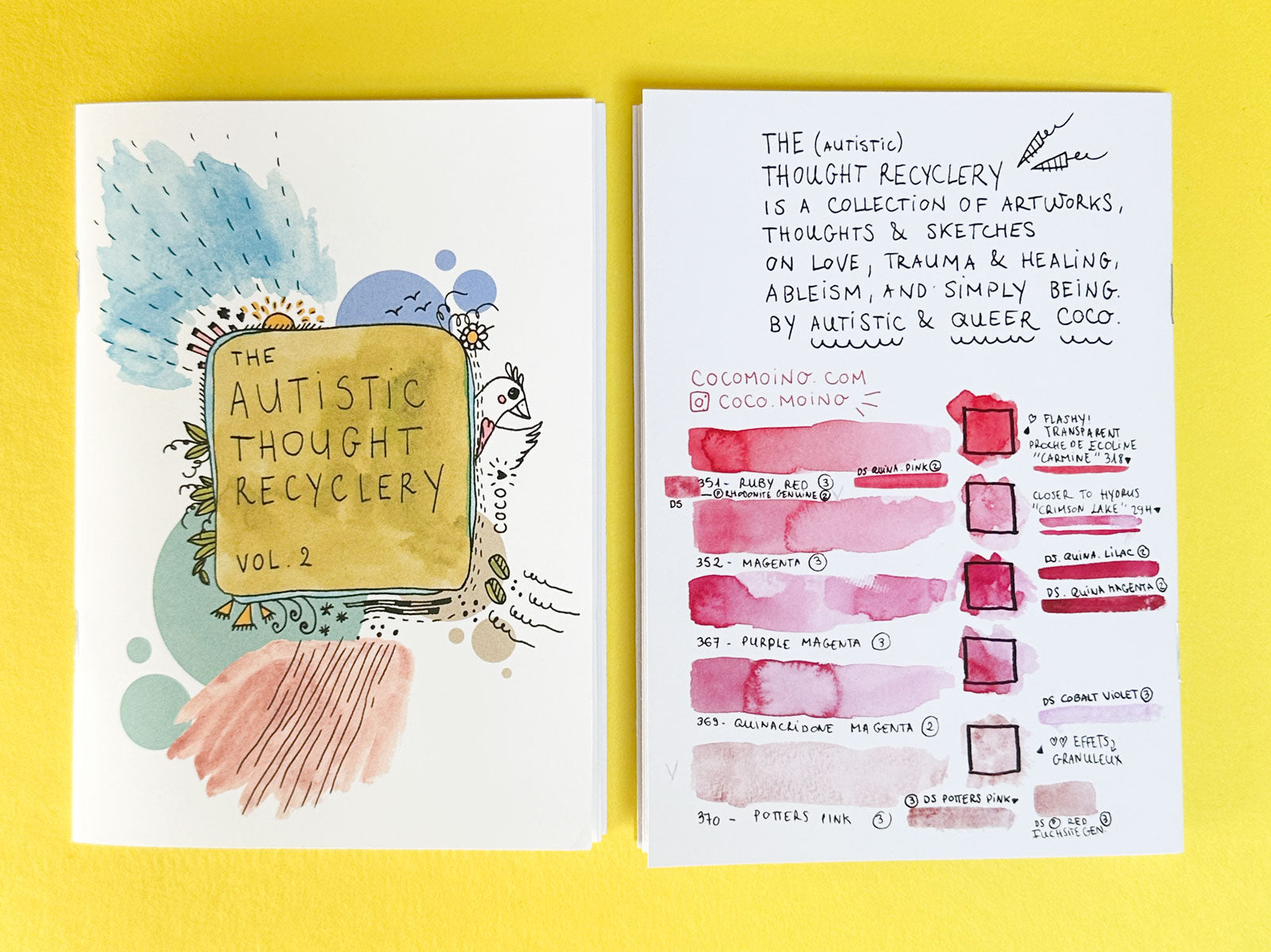 Front and back zine covers with artistic designs, zine about being neurodivergent and autism