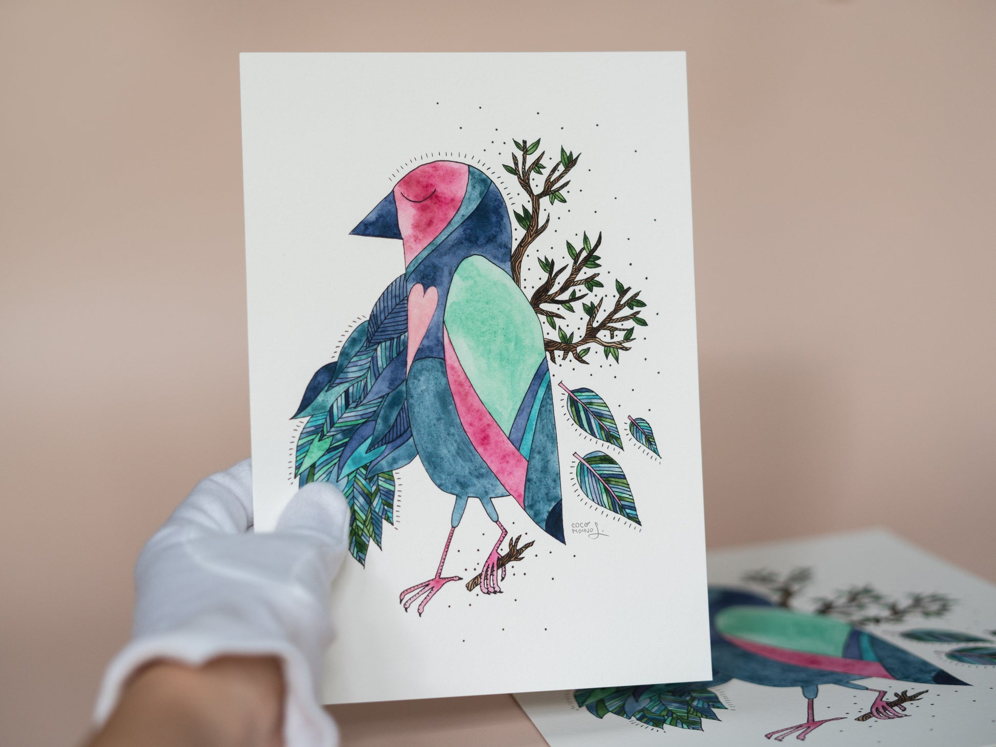 Lovely bird art print abour neurodiversity and mental health, whimsical art by Cocomoino, an autistic artist