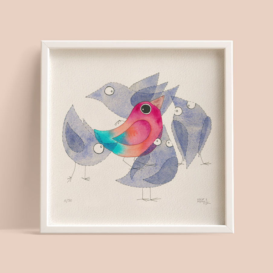 Ghosts, a watercolor illustration of a cute pink and blue bird surrounded by cute ghosts. But it is untouchable. Giclée print on beautiful paper.