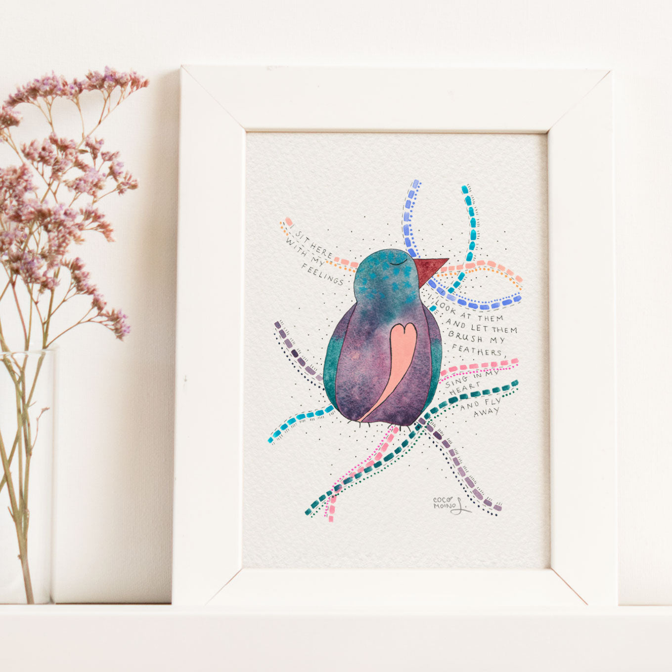 Watercolor self-care art with a bird, with words on how to sit with our feelings