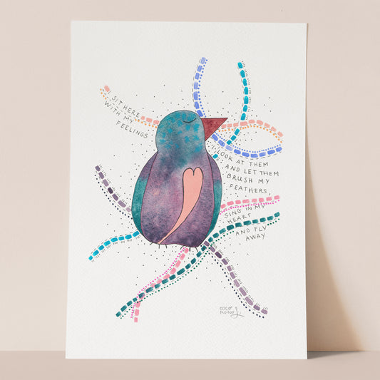 Giclée art print of a colorful watercolor bird, with self-care advice on sitting with feelings