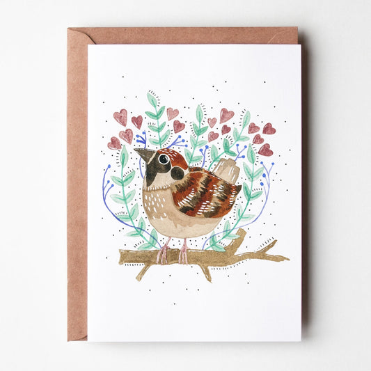 Greeting card with a watercolor juvenile tree sparrow looking cheerful, perching on a branch with vegetation and hearts.